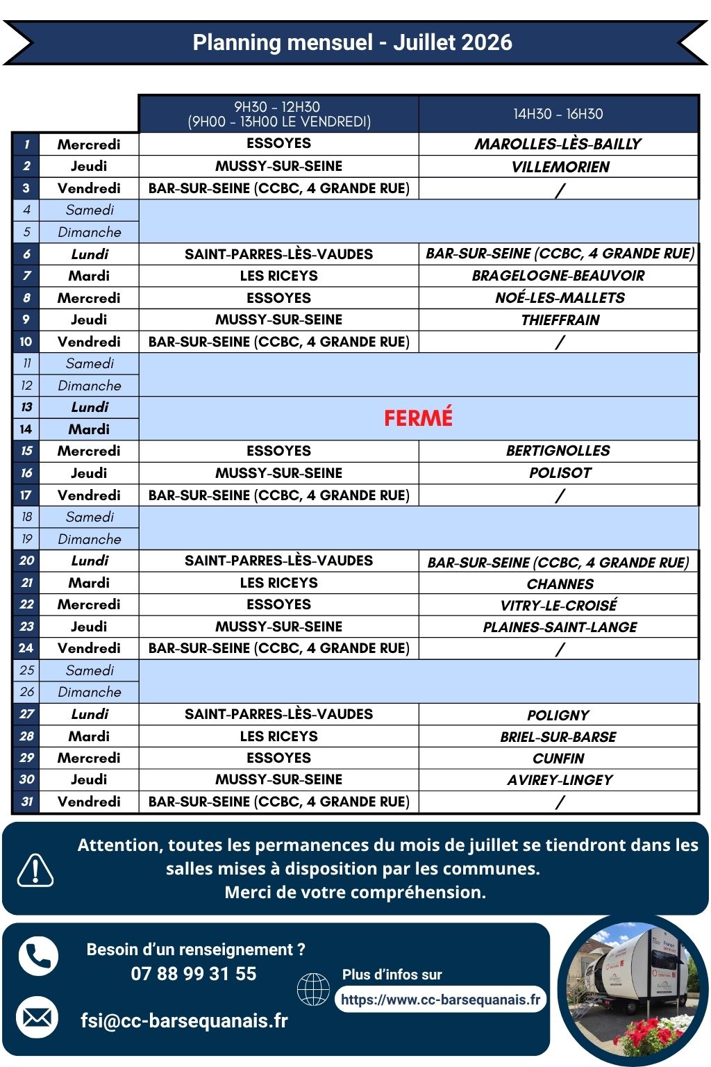 Mise à jour du planning des permanences France Services - Juillet 2026